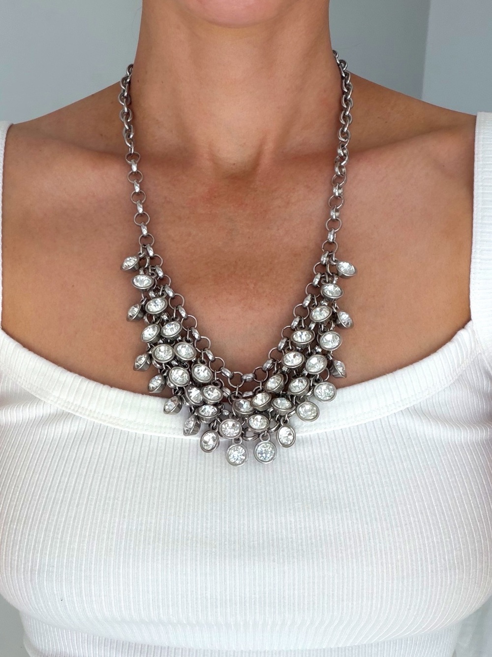Y2K Silver Cascading Rhinestone Bib Statement Necklace